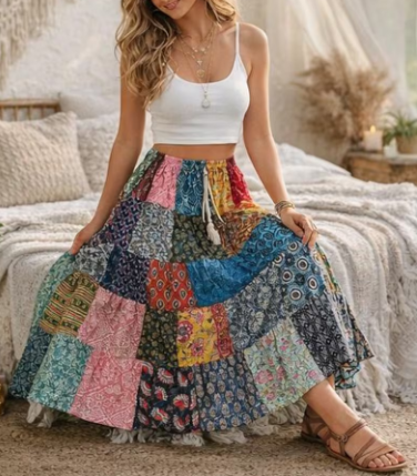 Handgefertigter Boho-Patchwork-Baumwollrock, Hippie-Maxikleid, Einheitsgröße