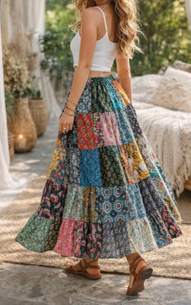 Handgefertigter Boho-Patchwork-Baumwollrock, Hippie-Maxikleid, Einheitsgröße