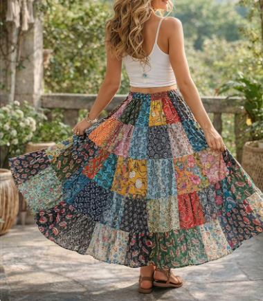 Handgefertigter Boho-Patchwork-Baumwollrock, Hippie-Maxikleid, Einheitsgröße