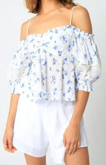 Weiß-blaues geblümtes Babydoll-Oberteil