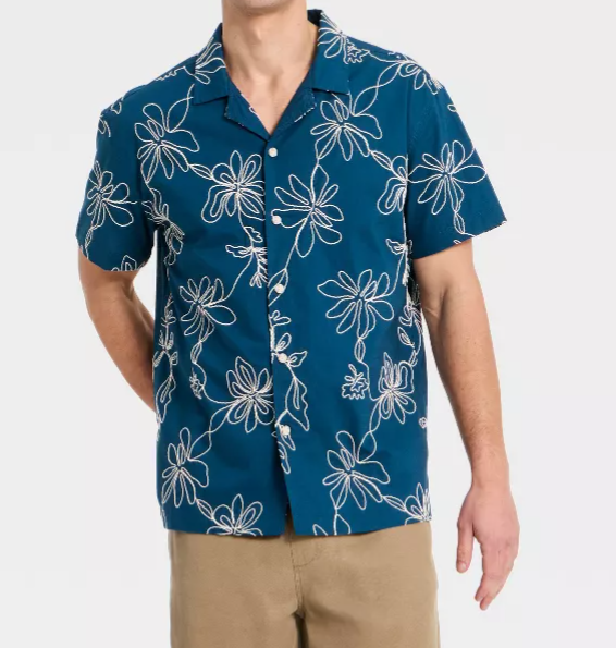 Herren Kurzarm Hemd mit floraler Stickerei und Camp-Kragen