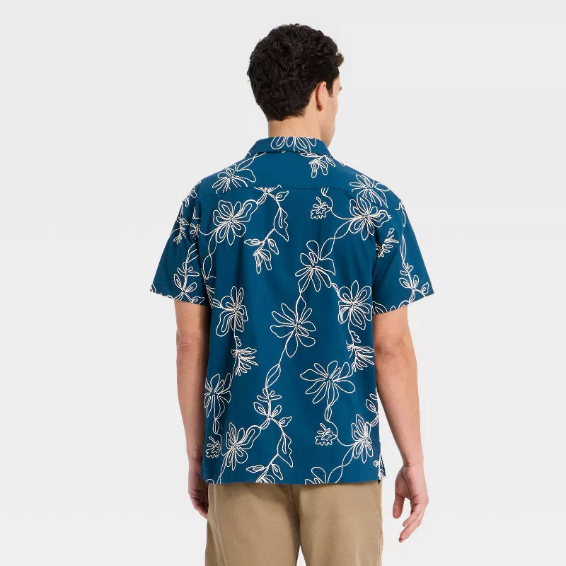 Herren Kurzarm Hemd mit floraler Stickerei und Camp-Kragen